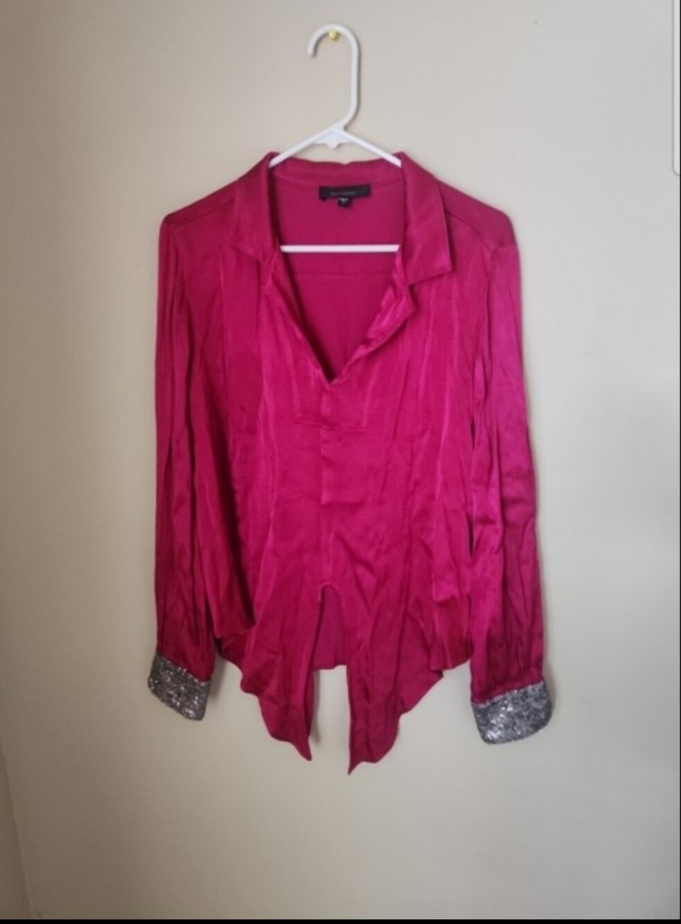 Karen Kane Silky Fuchsia Long-Sleeve Blouse with Sequin Cuffs